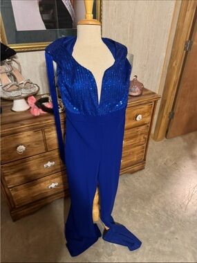 NWOT Symphony Royal Blue One-Shoulder Sequin Evening Jumpsuit fits small/medium